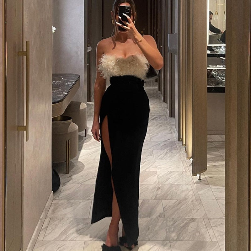 Fur Trim Black Slit Tube Midi Dress