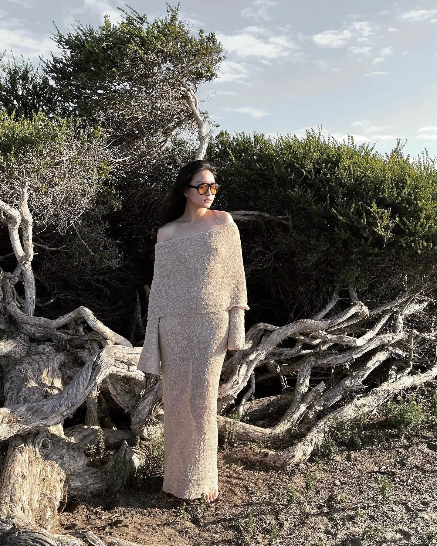Knit Off-Shoulder Long Sleeve Maxi Dress