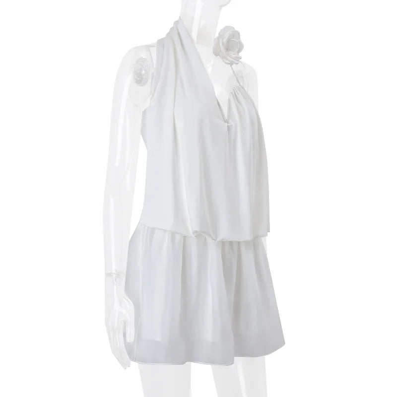 White Puff Drape Around Flower Mini Dress