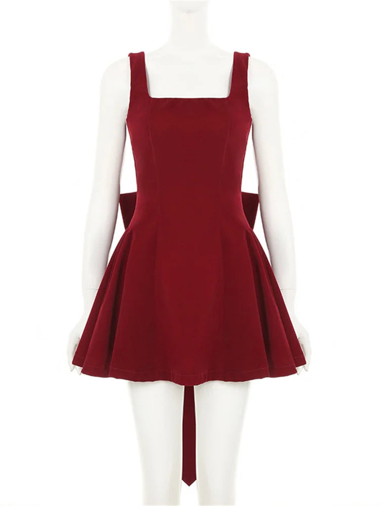 Red Backless V Cut Bow Mink Dress