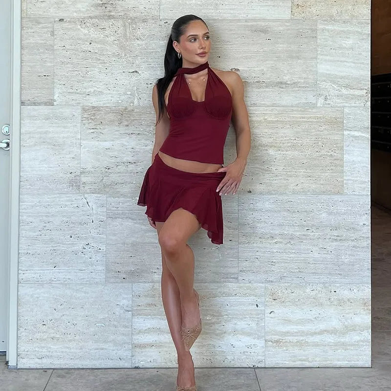 Scarf Halter Corset Top And Mini Skirt Set