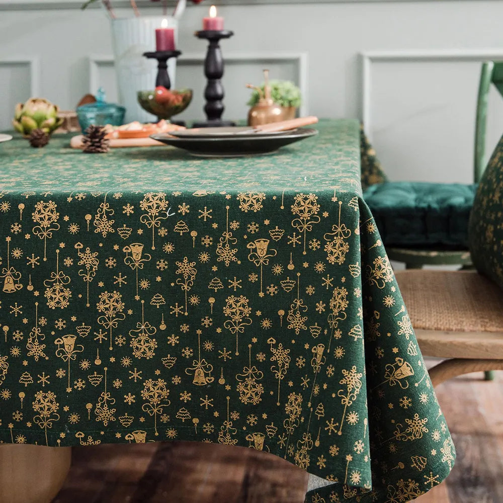 Linen Cotton Christmas Party Tablecloth Japanese Green Bronzing Wind Chimes Rectangle Dinning Table Cover for Home Decorative
