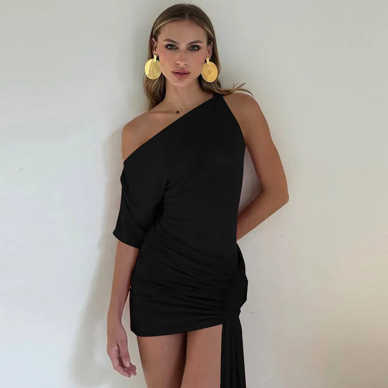 One Shoulder Drape Mini Dress