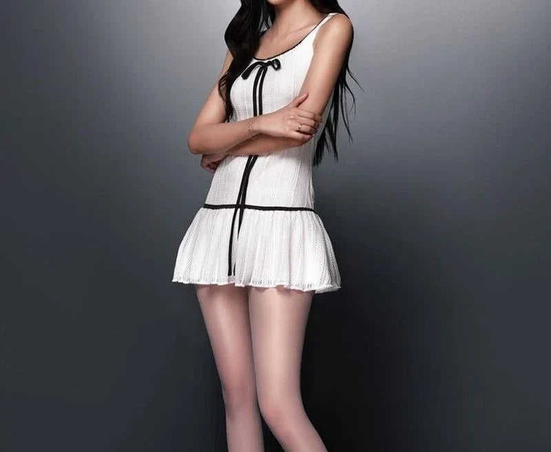 White Bow Frill Tank Mini Dress