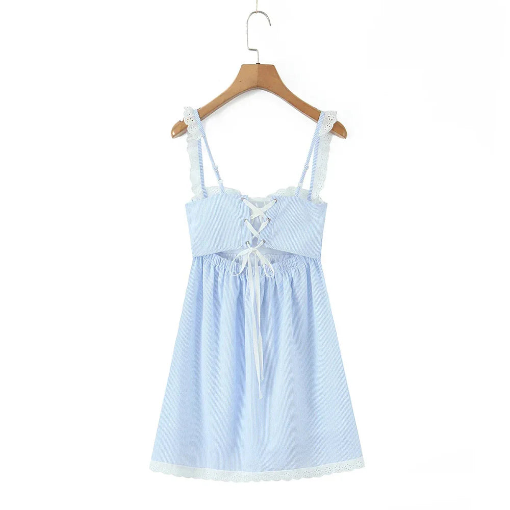 Blue Stripe Lace Trim Babydoll Mini Dress