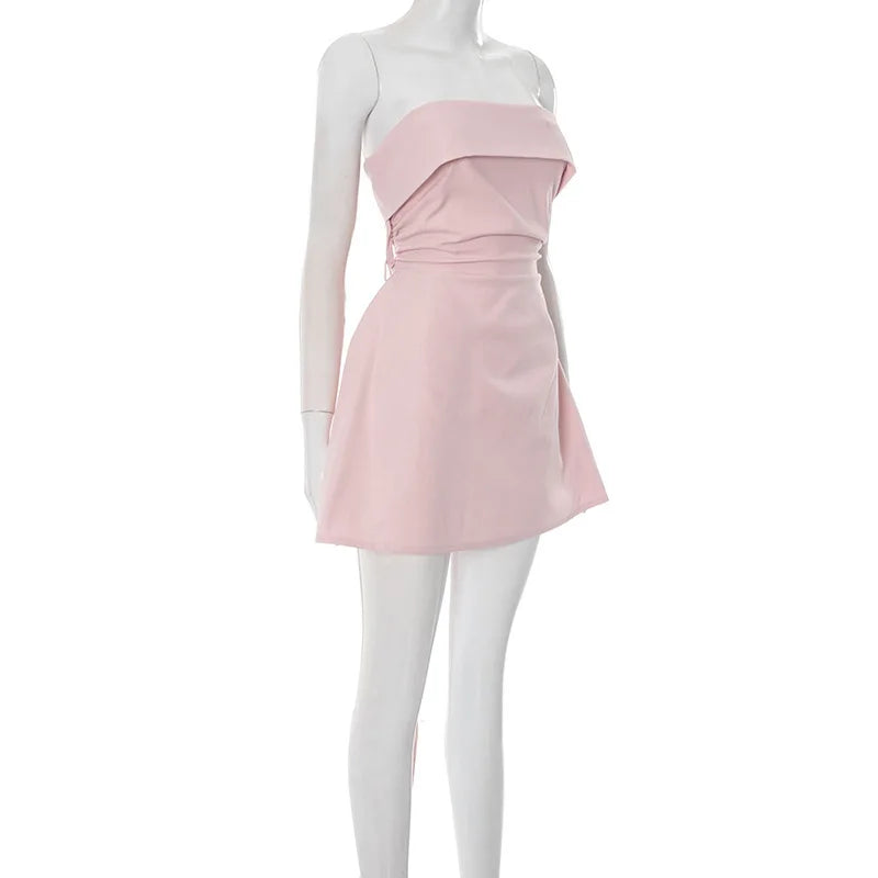 Strapless Ruched Back Tie Up Mini Dress