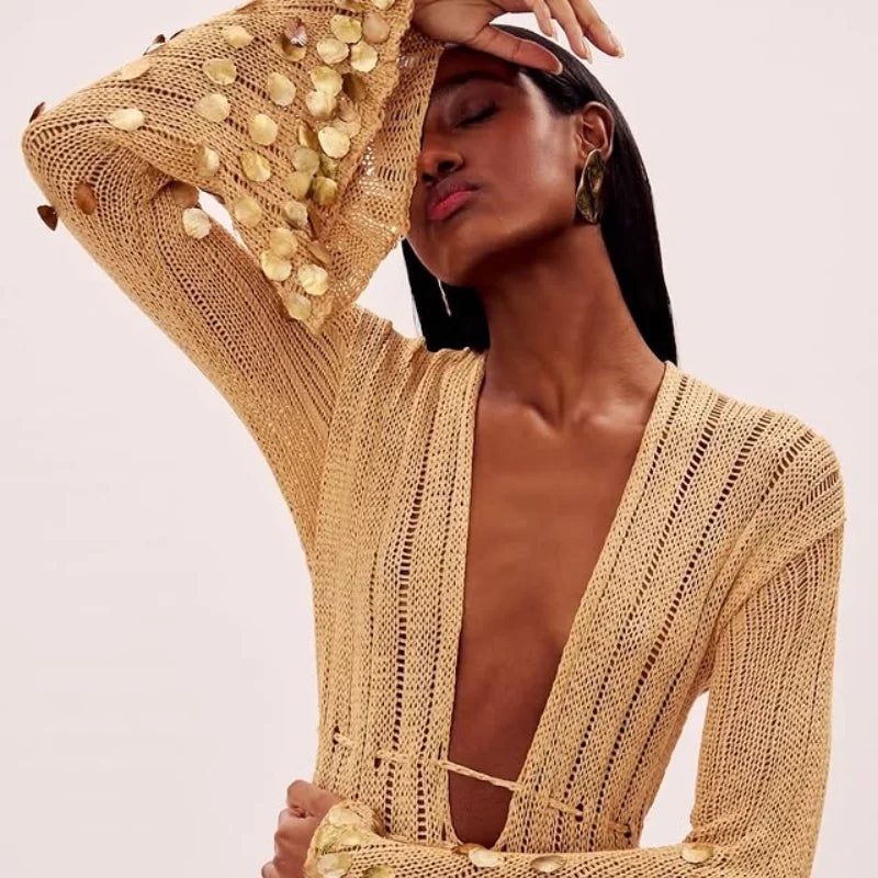 Beige Deep Neck Sequin Knitted Maxi Dress 