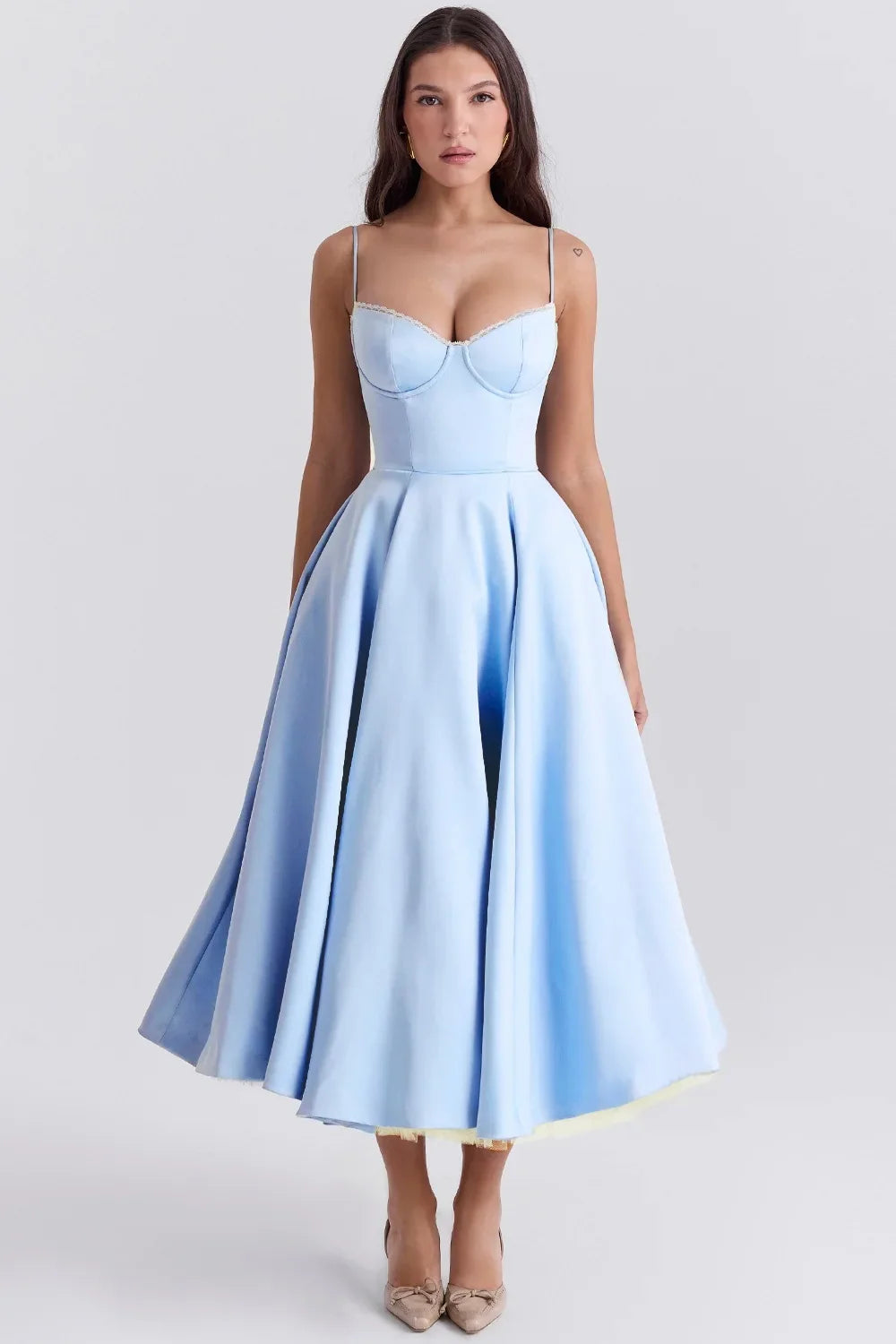 Satin Bustier Strap Tulle Midi Dress