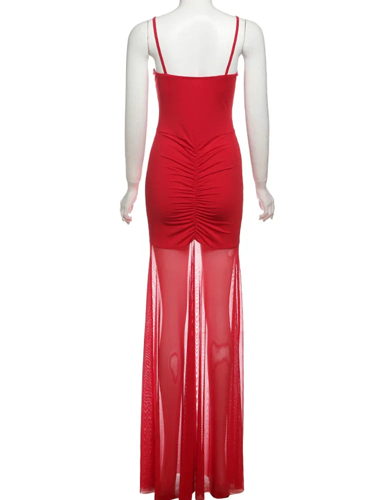 Mesh Ruched Cami Maxi Dress