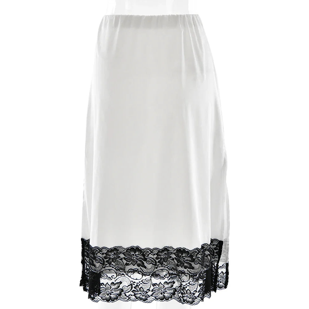 Satin Lace Trim Midi Skirt