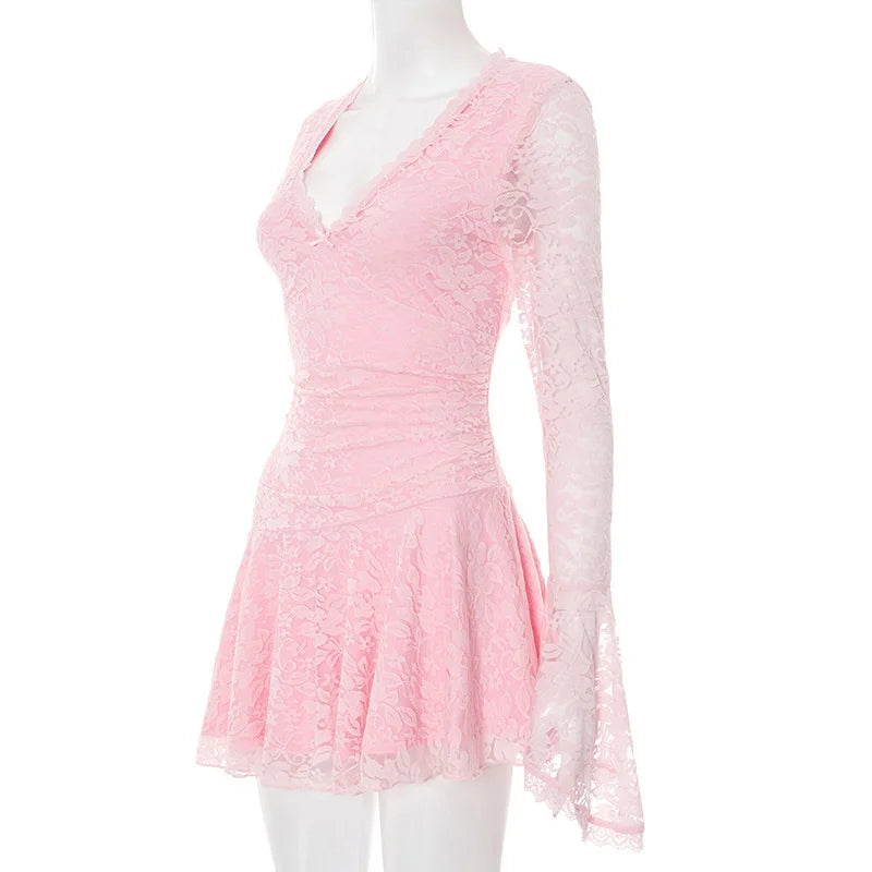 Lace Flare Long Sleeve Flare Mini Dress