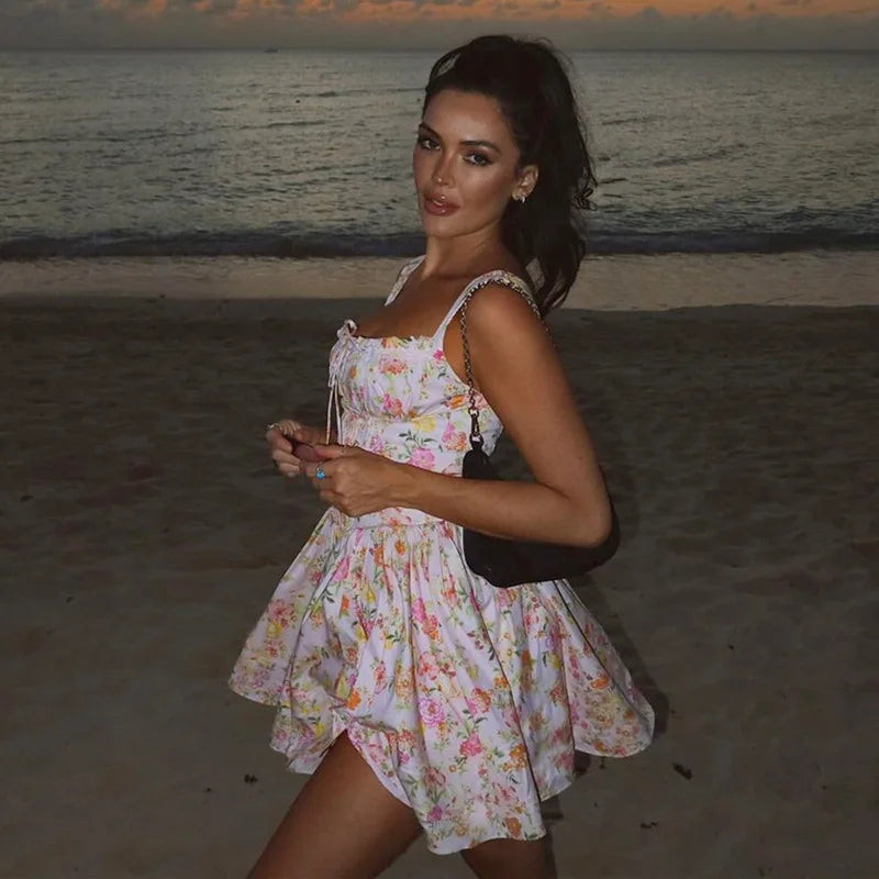 Printed Square Neck Strap Corset Mini Dress