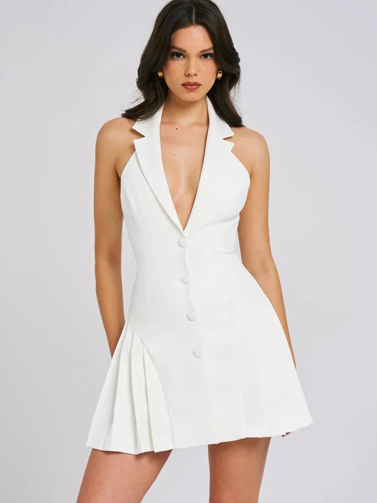 Collar Buttoned Backless Suit Mini Dress