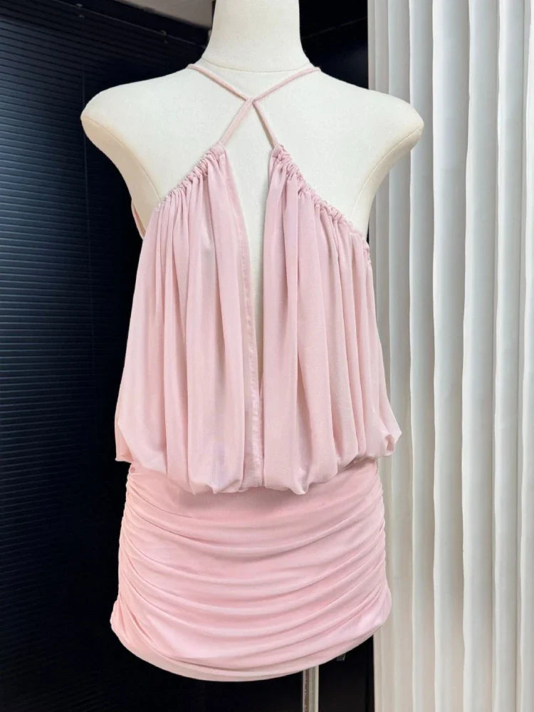 Halter Mesh Ruched Mini Dress