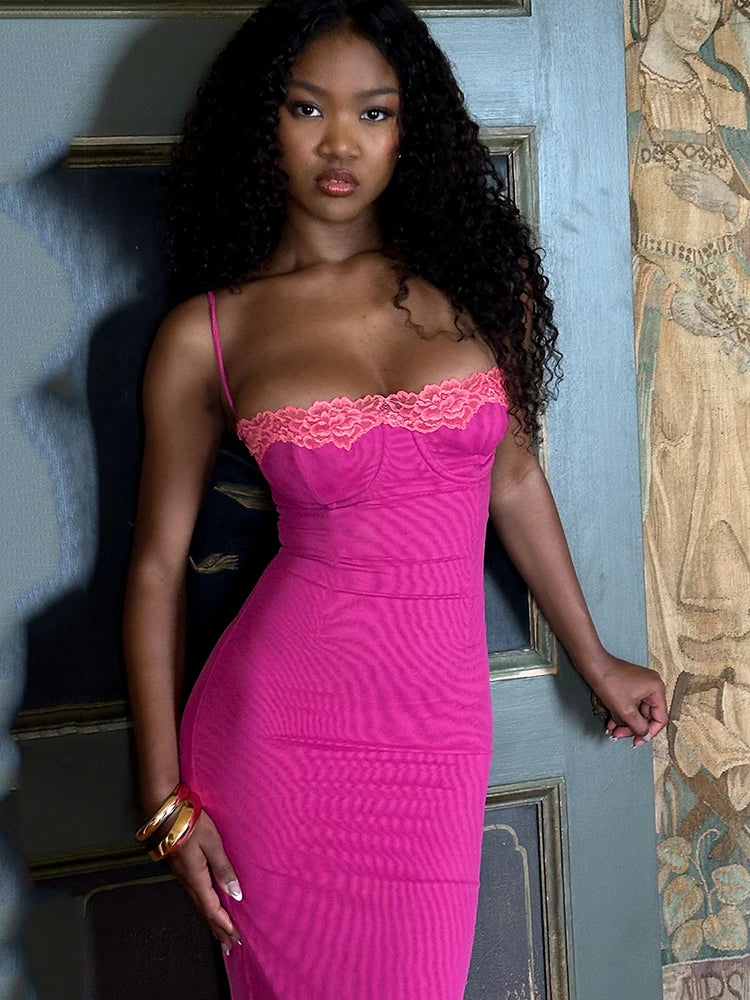 Lace Spaghetti Strap Mesh Midi Dress