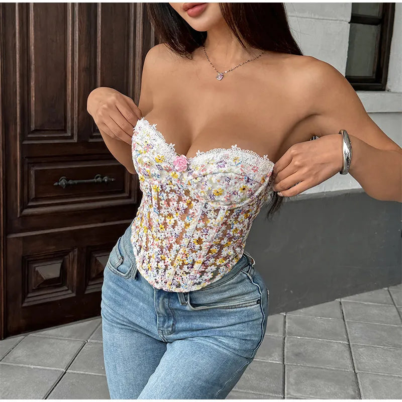 Flower Embroidery See Through Corset Top