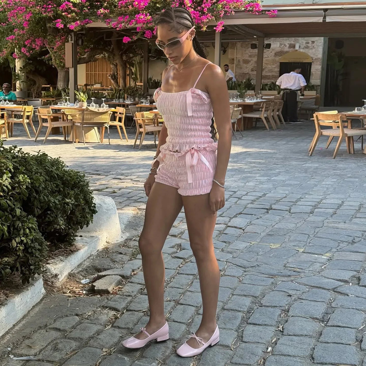 Pink Bowknot Ruched Strap Top And Shorts Set