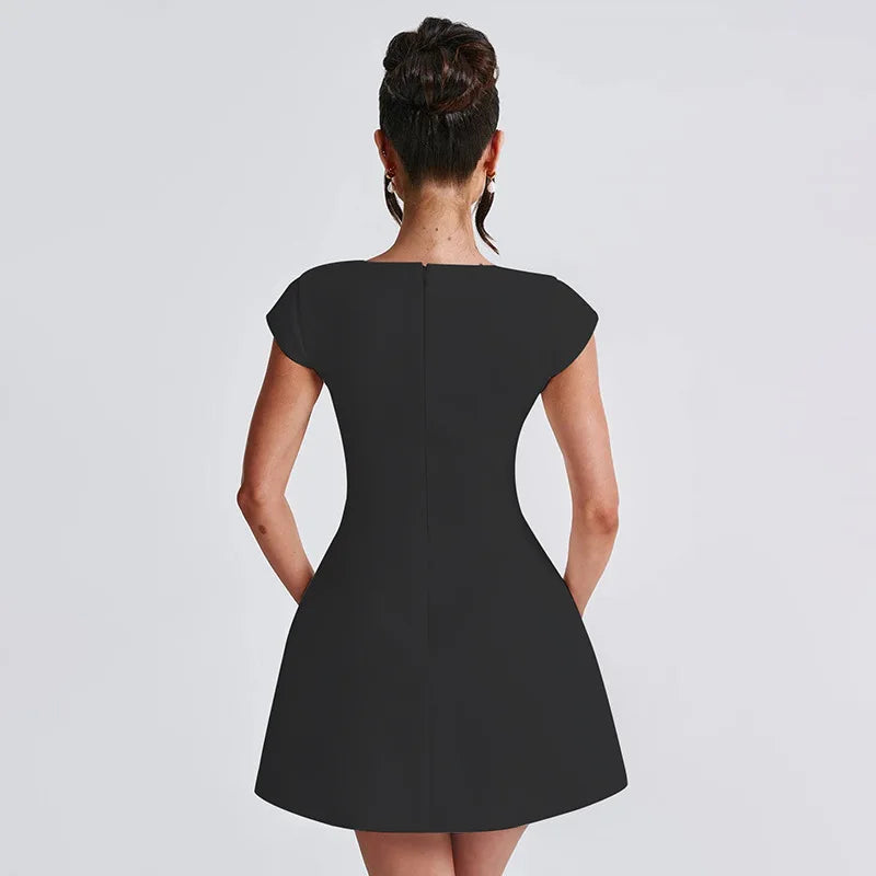 Square Neck Short Sleeve A-Line Solid Mini Dress