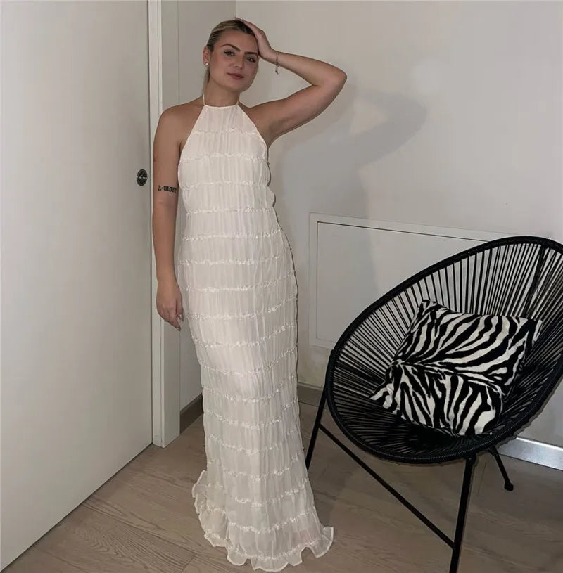 Halter Textured Open Back Maxi Dress