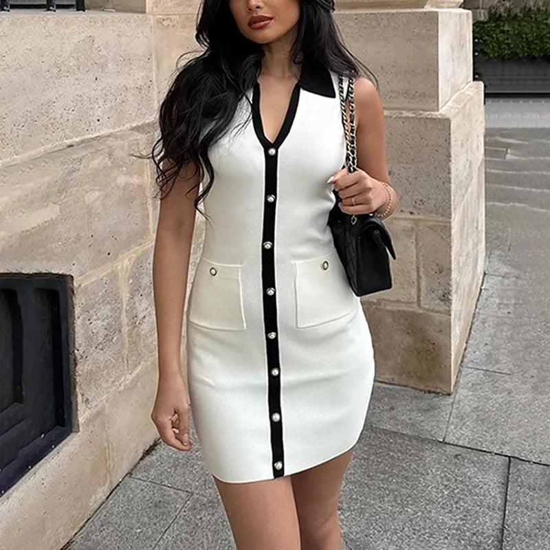 White Contrast Buttoned Collar Mini Dress