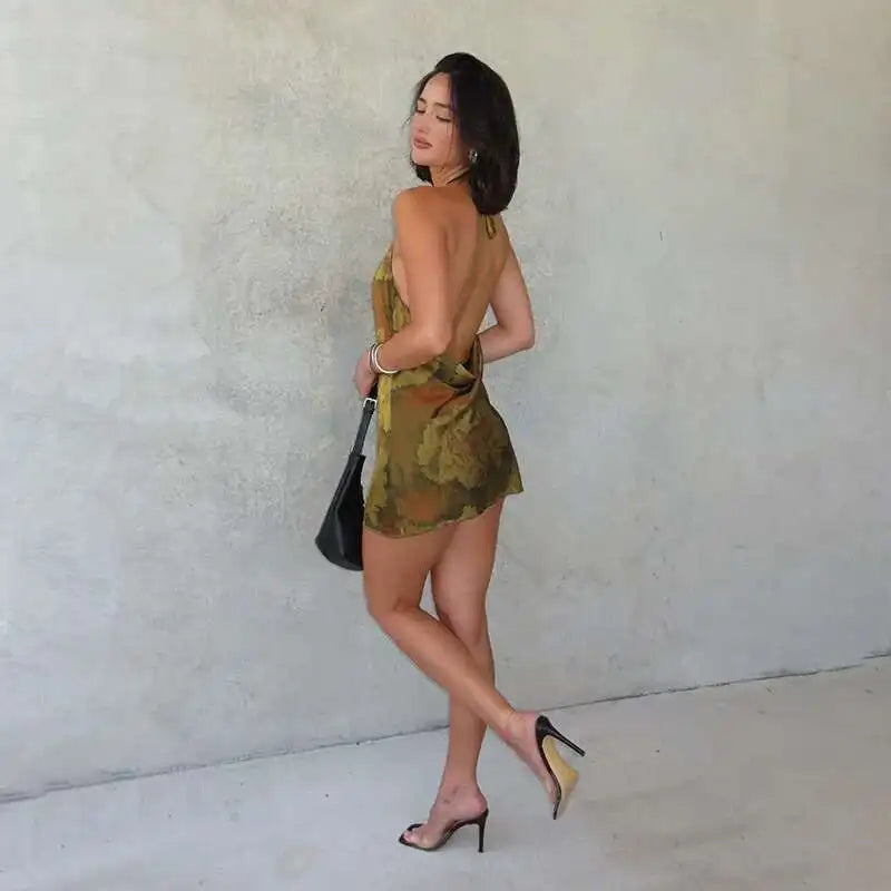 Green Printed Open Back Halter Mini Dress