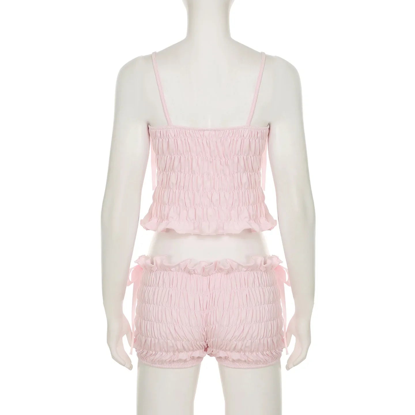 Pink Bowknot Ruched Strap Top And Shorts Set