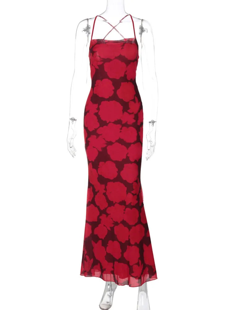 Red Floral Printed Mesh Back Tie Up Midi Dress