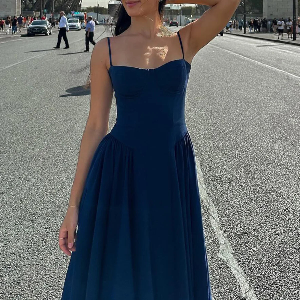 Solid Spaghetti Strap Bustier Pleated Midi Dress