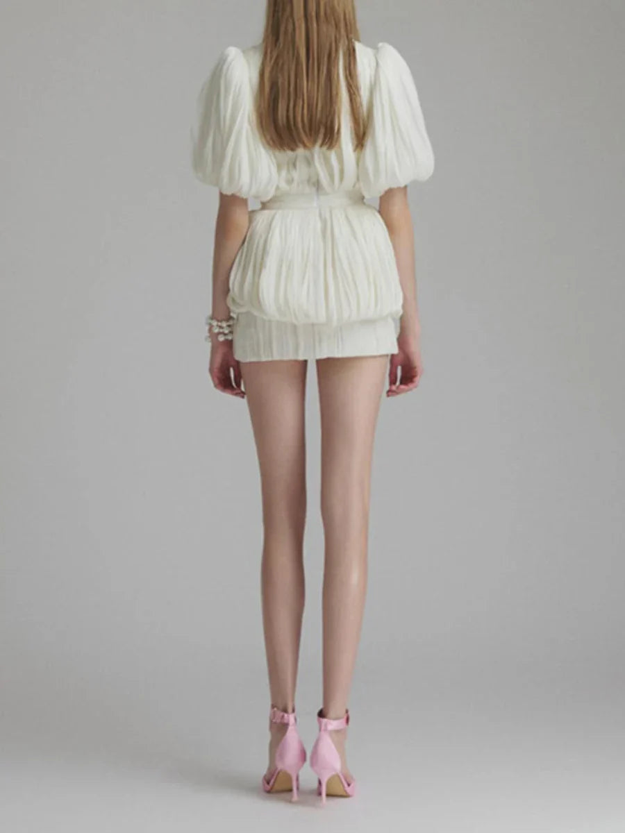 White Solid Spliced Appliqués Puff Mini Dress