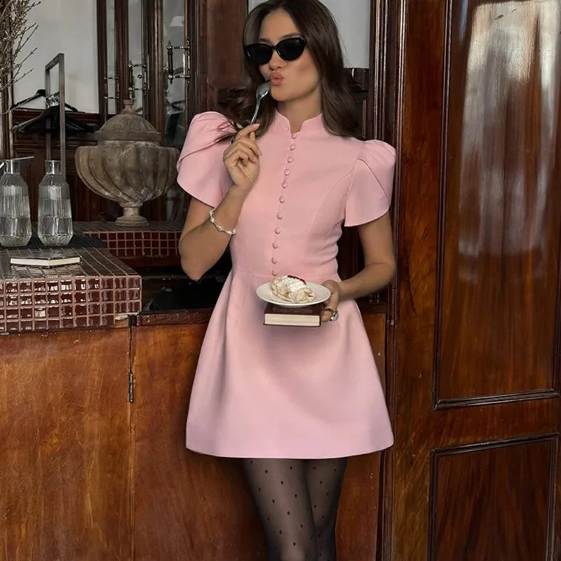 Structured High Neck Buttoned Mini Dress