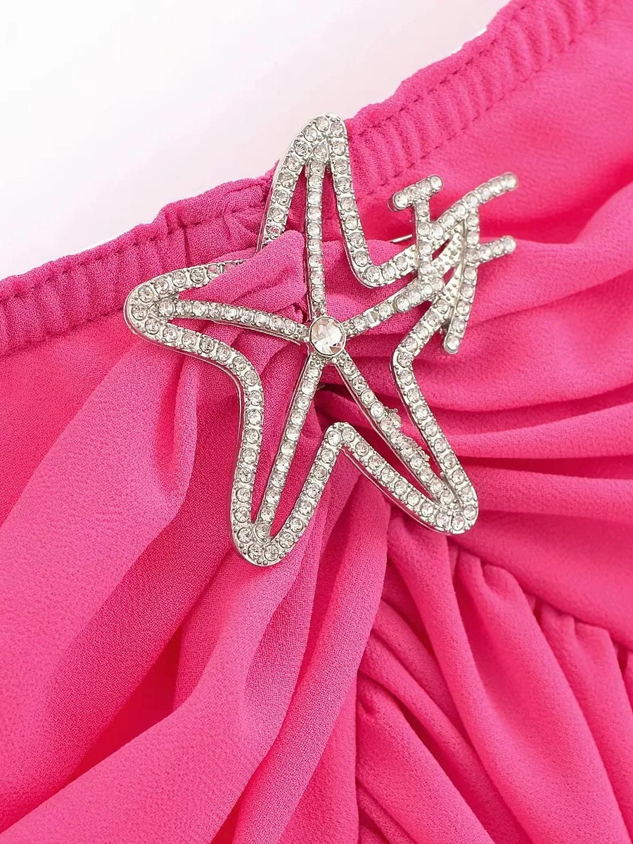 Pink Halter Ribbon Ruffles Frill Midi Dress