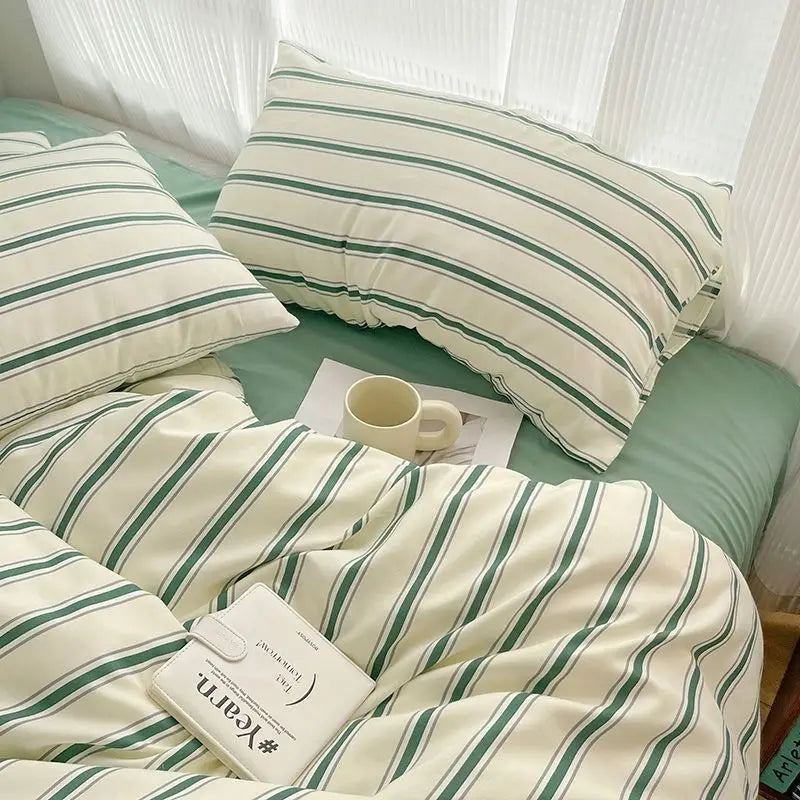 Simple Style Red And Blue Strip Duvet Cover Set Bed Sheet Set Washed Cotton Bedding Set