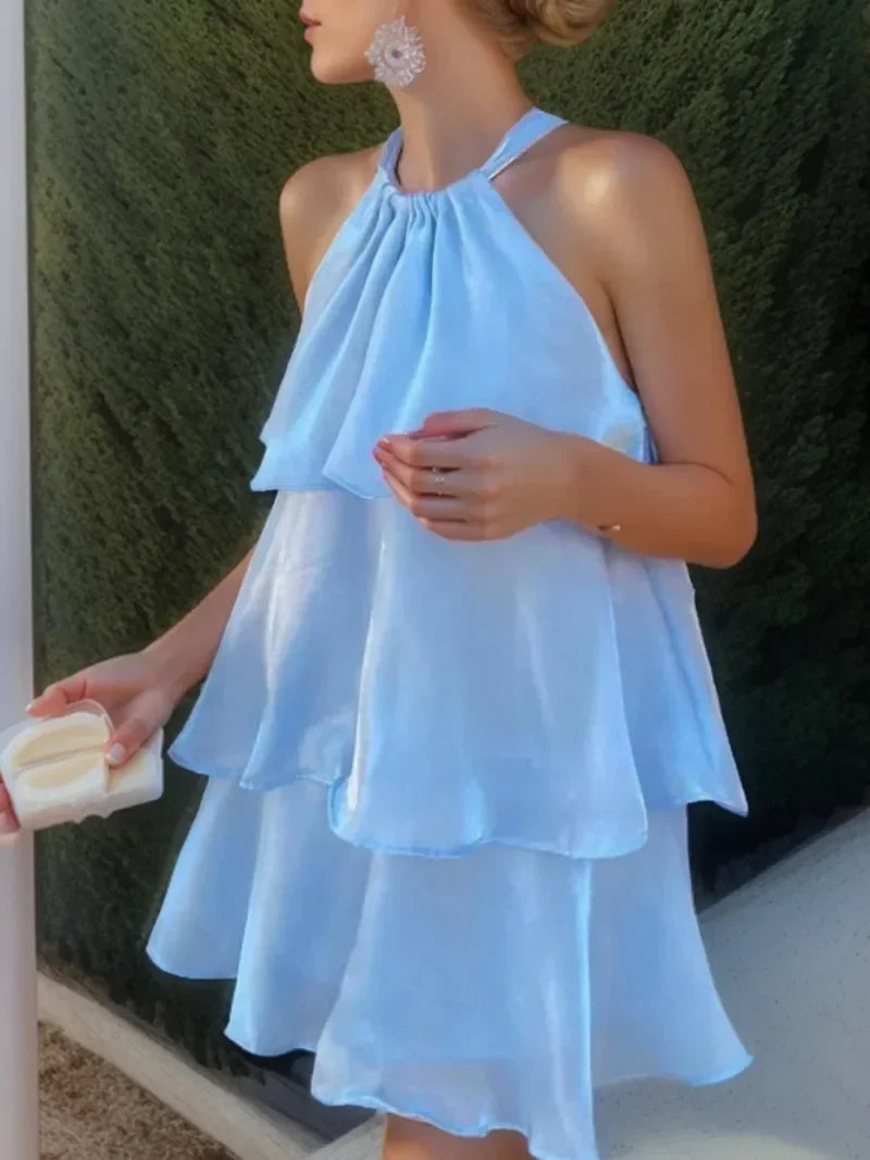 Mesh Ruffled Halter Mini Dress