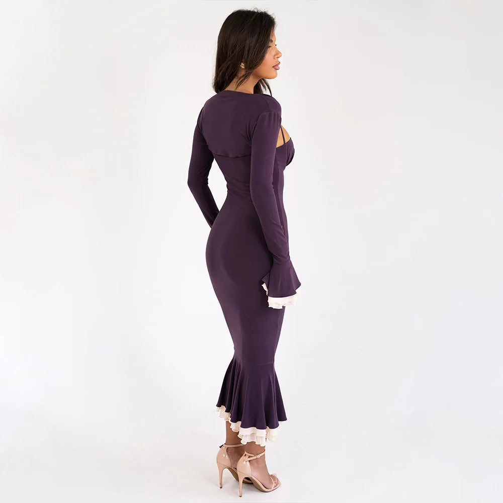 Solid Long Flared Two-piece Crop Sleeve Midi Dress