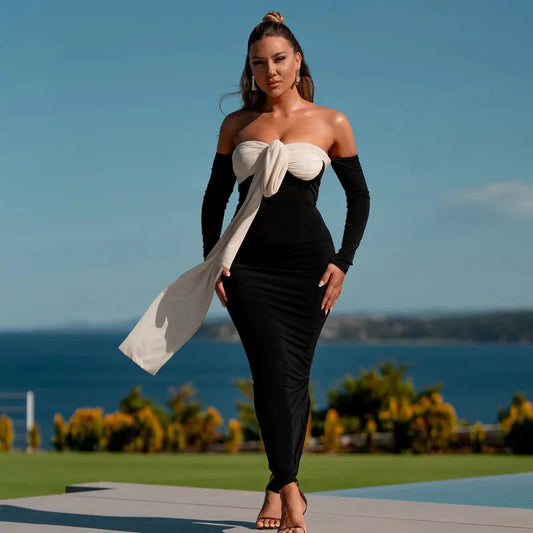 Black Patchwork Tie Up Off-shoulder Maxi Dress