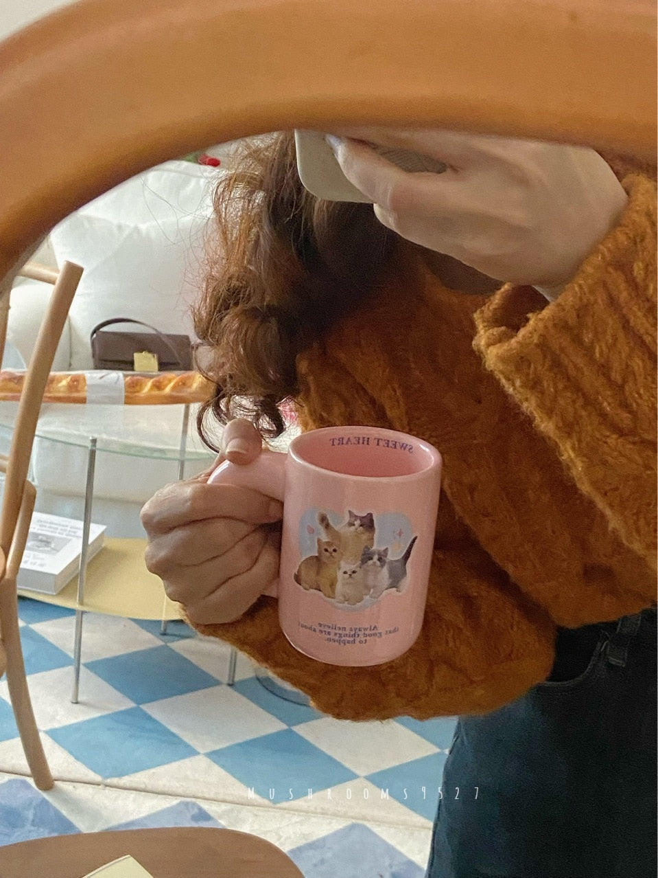 Pink Cute Kitten Mug for Girls To Drink Breakfast Coffee Milk Cup Ceramic Chubby Handle Christmas Gift