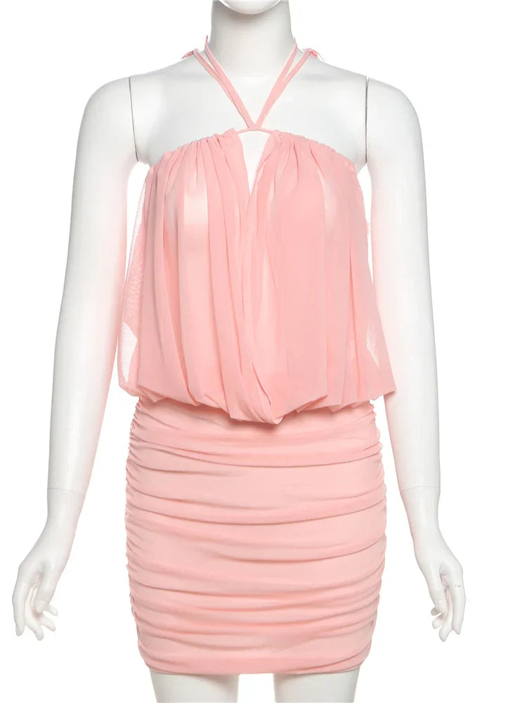 Pink Mesh Puff Mini Dress