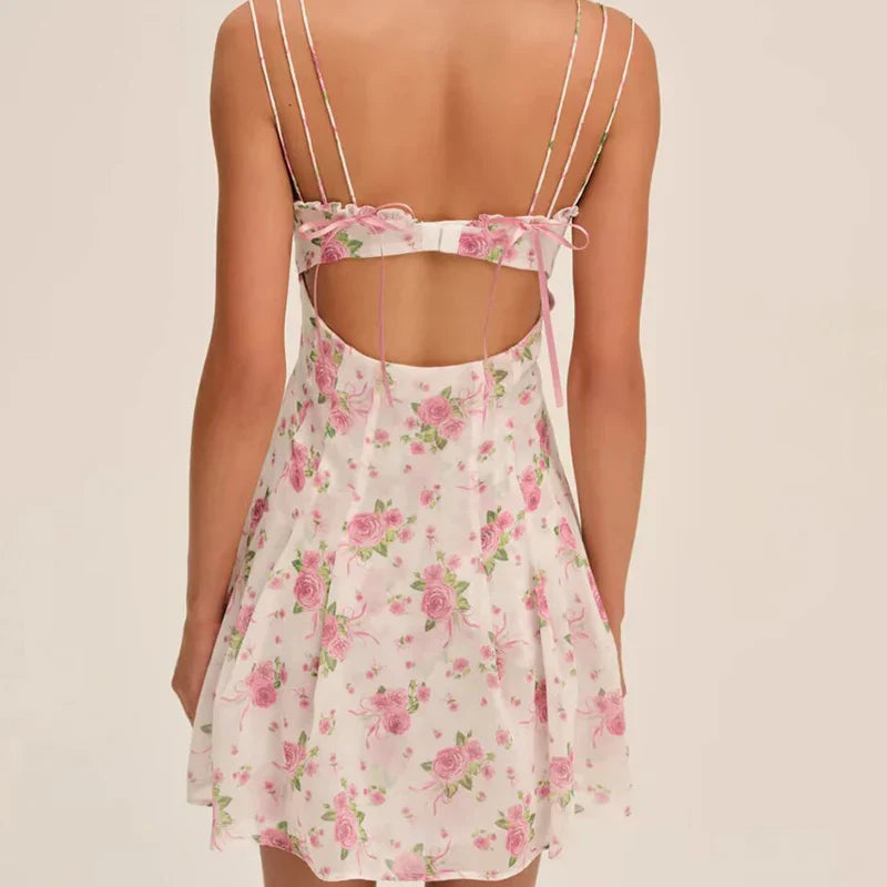 Pink Floral Bow Mesh Cami Mini Dress