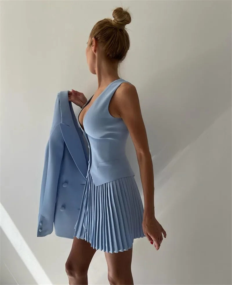 Solid V-neck Vest And Pleated Mini Skirt Set