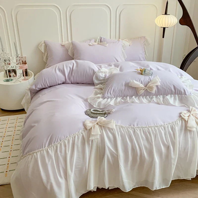 Korean Princess Style Bedding Sets Ruffle Lace Bow Quilt Cover Romantic Bedclothes Decor Woman Girls Bedroom/ Bedding Set