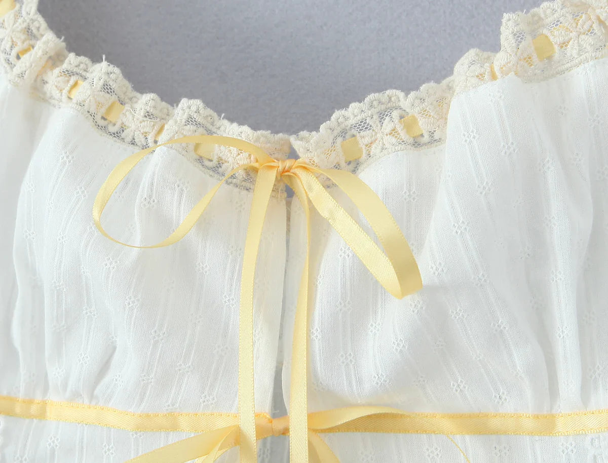 White Ruched Yellow Ribbon Crop Top And Maxi Skirt Set