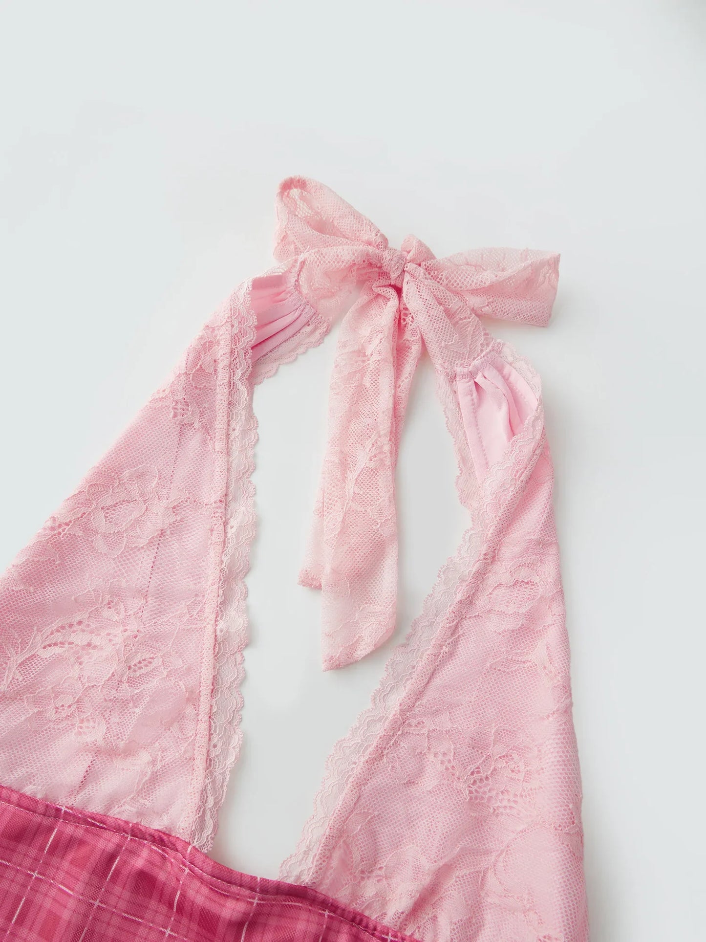 Pink Plaid Lace Patchwork Mini Dress