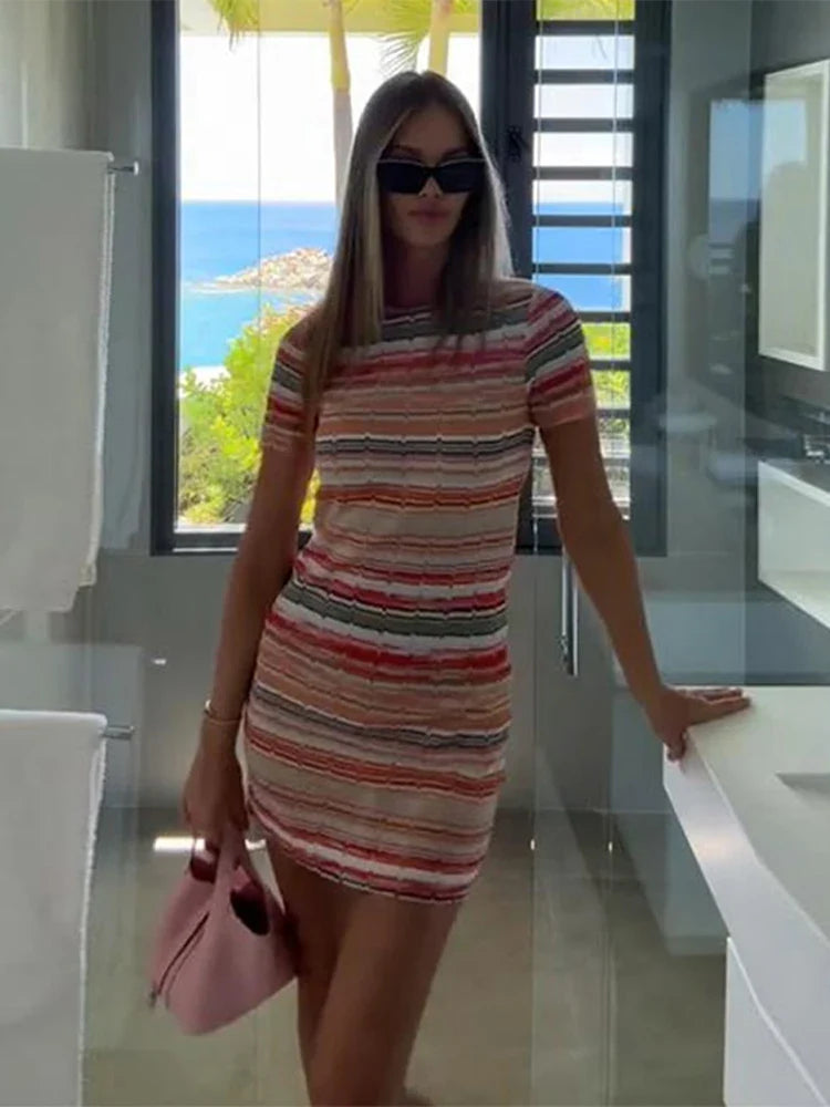 Rainbow Stripe Fringe Halter Beach Mini Dress