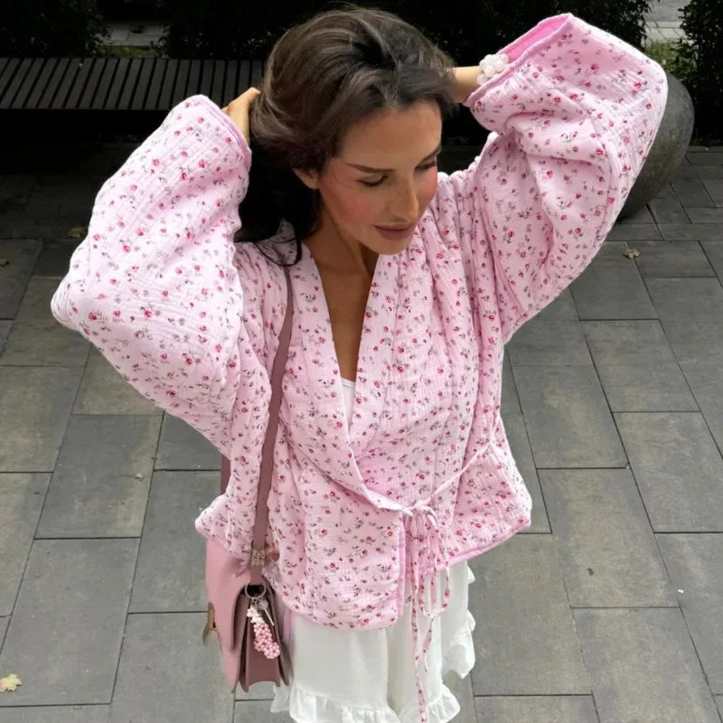 Women's Pink Printed Casual Knit Cardigan - Autumn/Winter Warm