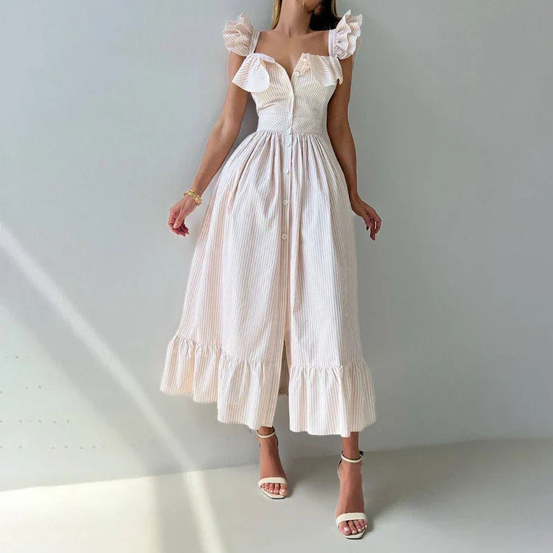 Ruffles Striped Square Collar Buttoned Long Dress