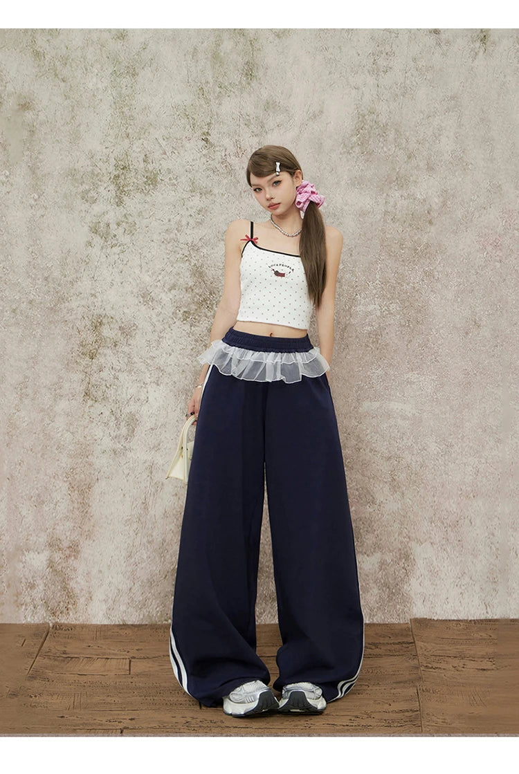 Navy Blue Wide Leg Elastic Waist Striped Sweatpants