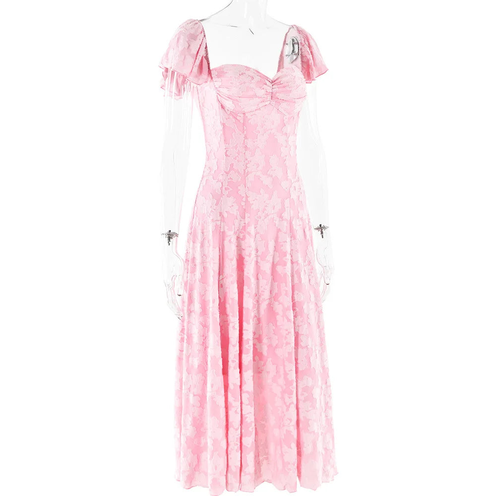 Pink Short Puff Sleeves Jacquard Print Maxi Dress