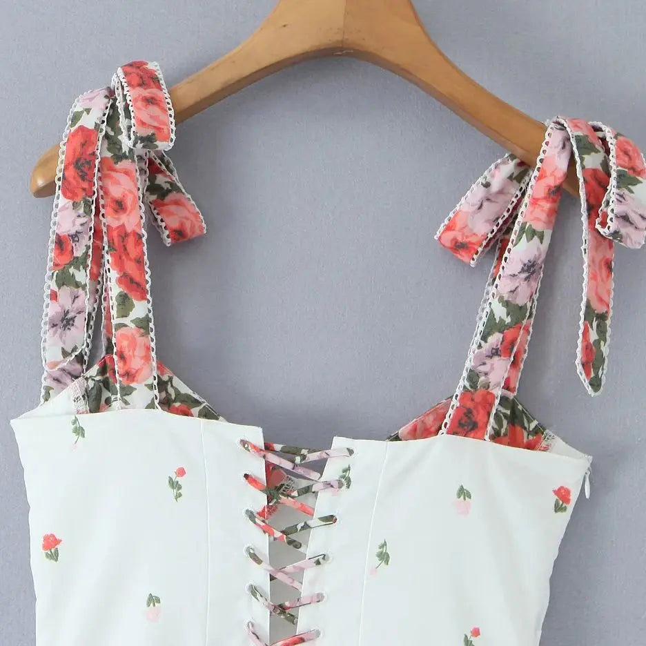 White Printed Patchwork Tie-Up Maxi Dress - Vintage Fit & Flare