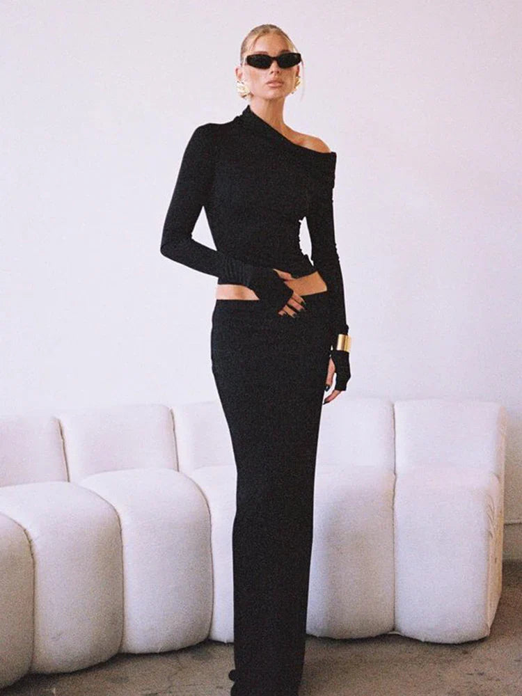Black Off-shoulder Long Sleeve Top And Maxi Skirt Set