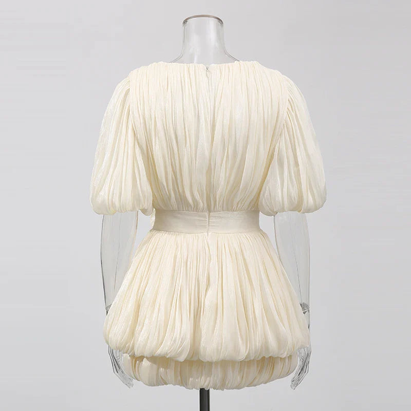 White Solid Spliced Appliqués Puff Mini Dress